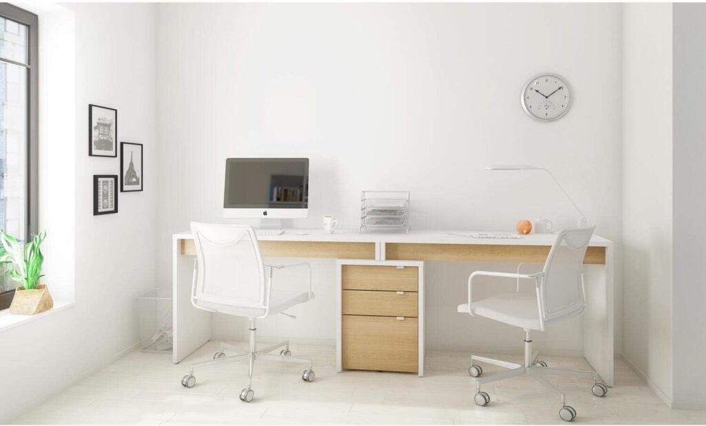 3-Piece Home Office with Multi-Purpose Storage & Desks, White & Natural Maple