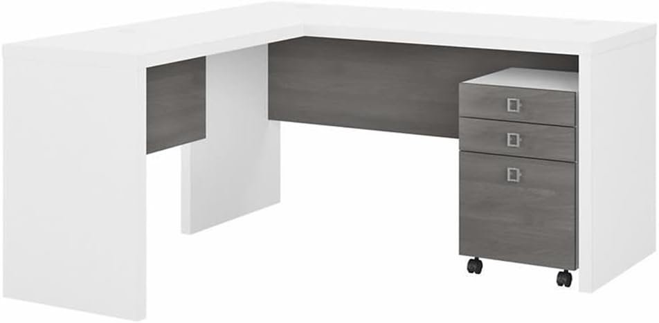 Bush Business Furniture Echo L Shaped Desk with Mobile File Cabinet in Pure White and Modern Gray