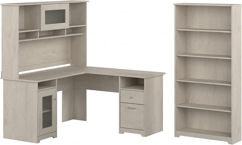 Bush Furniture Cabot 60W L Shaped Computer Desk with Hutch and 5 Shelf Bookcase in Linen White Oak