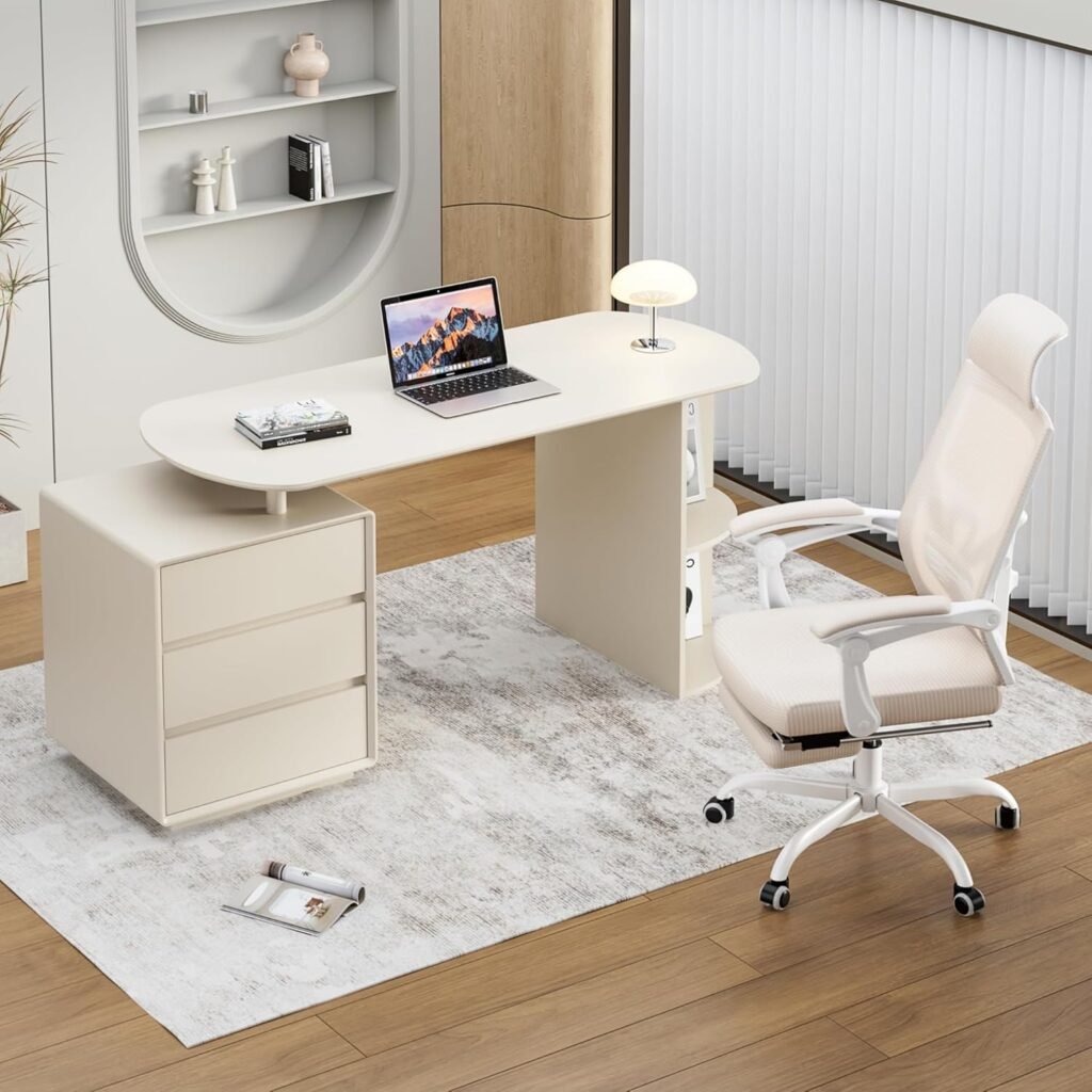 
Qulomvs Home Office Desk and Chair Set, Home Office Furniture Sets, Computer Desk with Drawers & Shelves, Ergonomic Office Chair with Footrest Mesh