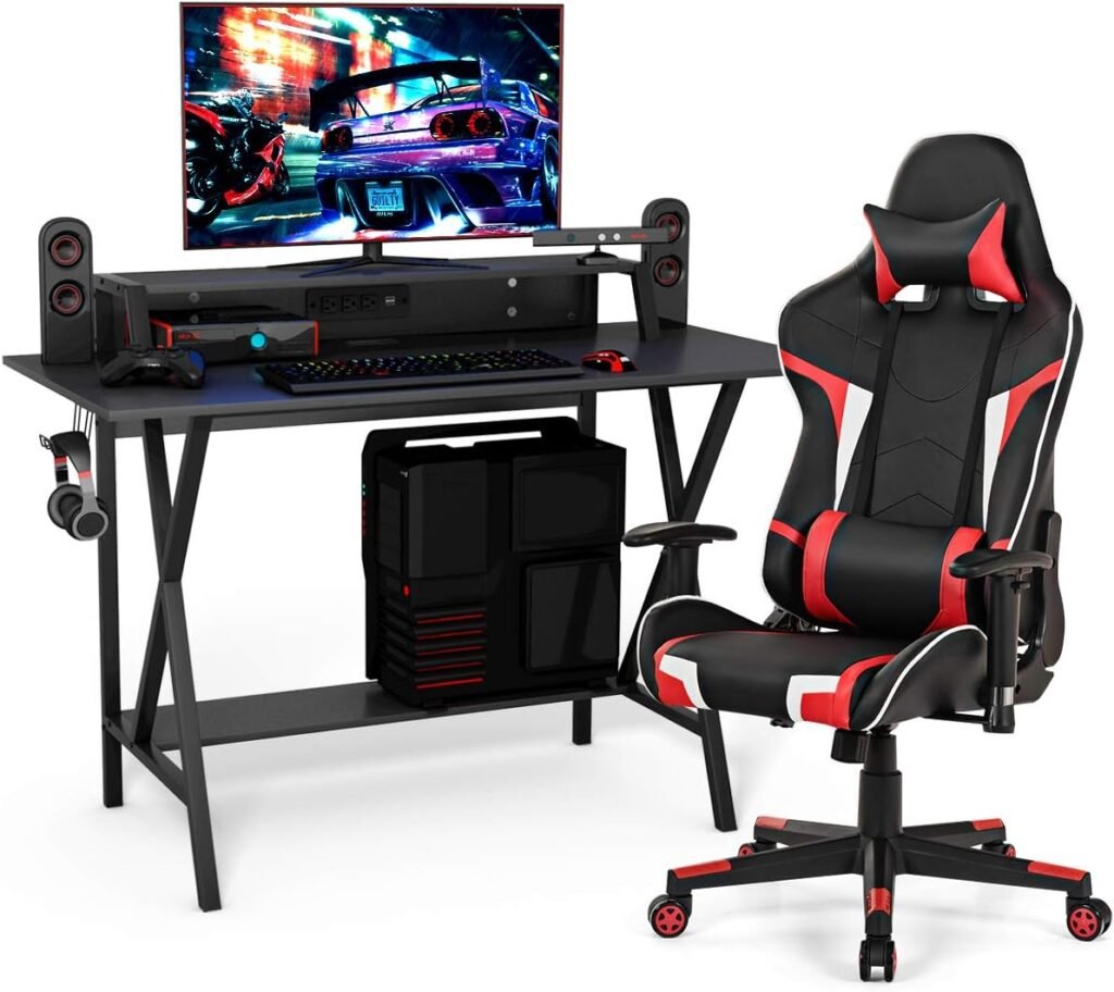 
Tangkula Gaming Desk and Chair Set, Ergonomic E-Sport Gamer Desk & Racing Chair Set w/Cup Holder, Monitor Stand, Earphone Hook, Massage