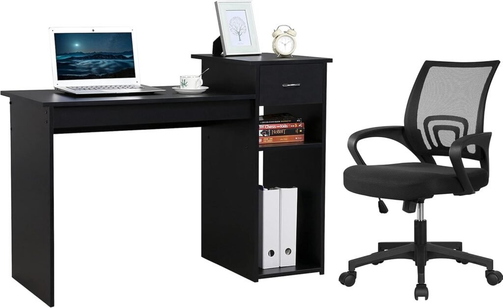 Yaheetech Home Office Modern Desk and Chair Set Computer Desk w/Drawer & Shelves with Ergonomic Mesh Height Adjustable Office Chair